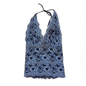 bebe Black and White Crochet Lace Halter Top